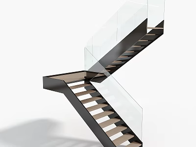 Modern Interior Stairs Design With Glass Railings Black Metal Frame And Wooden Treads 3d model