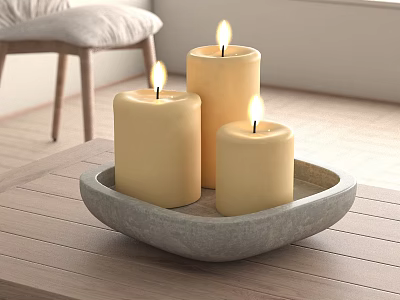 Decorative Candle Set with Three Lit Candles in Gray Tray for Home Decor 3d model