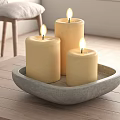 Decorative Candle Set with Three Lit Candles in Gray Tray for Home Decor