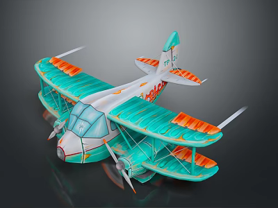 Cosmic Aerospace Biplane Model With Teal Orange Colors And Propeller Design Details 3d model