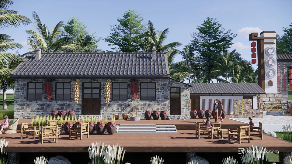 Rural Self-built House with Stone Walls Gray Tile Roof Outdoor Clay Pots and Palm Trees 3d model 