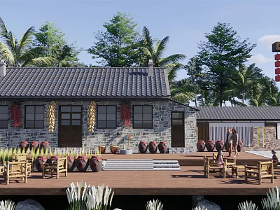 Rural Self-built House with Stone Walls Gray Tile Roof Outdoor Clay Pots and Palm Trees 3d model