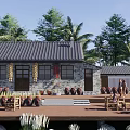 Rural Self-built House with Stone Walls Gray Tile Roof Outdoor Clay Pots and Palm Trees