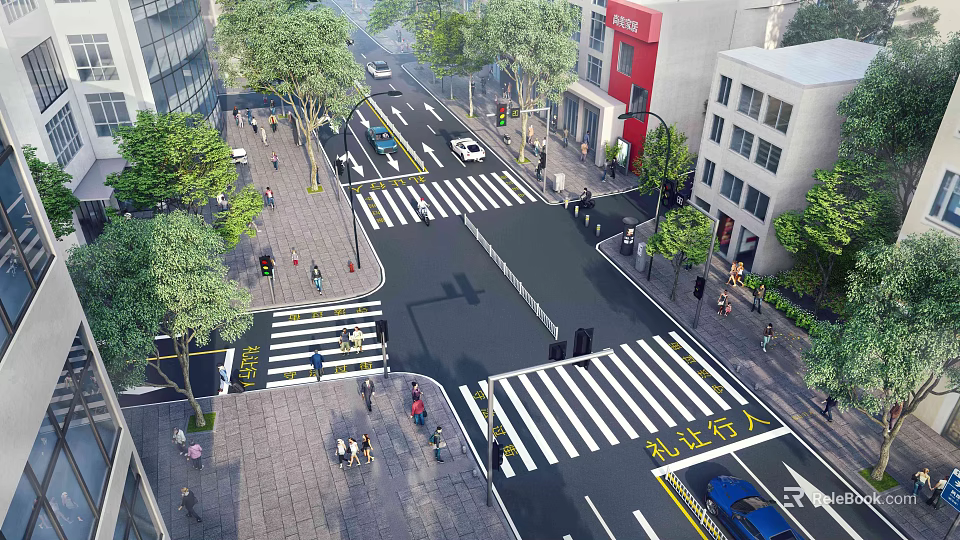 Bustling Commercial Street Crossroads With Pedestrians Vehicles Buildings And Green Trees 3d model 