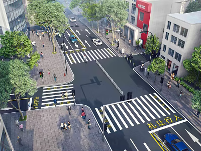 Bustling Commercial Street Crossroads With Pedestrians Vehicles Buildings And Green Trees 3d model