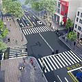 Bustling Commercial Street Crossroads With Pedestrians Vehicles Buildings And Green Trees