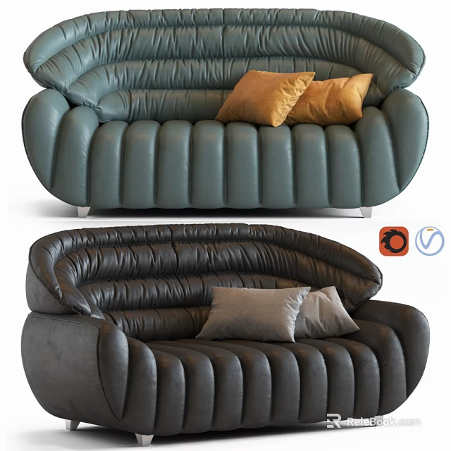 Modern Two Seater Sofa With Green Dark Colors And Orange Gray Pillows 3d model 