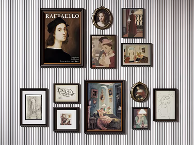 Portrait Paintings Collection on Striped Wall with Various Frames and Artworks 3d model