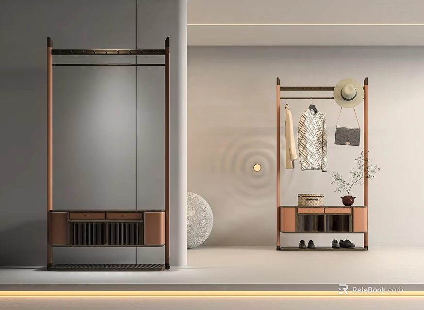 Modern Clothes Rack Interior Design With Drawer Base Hanging Clothes Hat Shoes And Potted Plant 3d model 