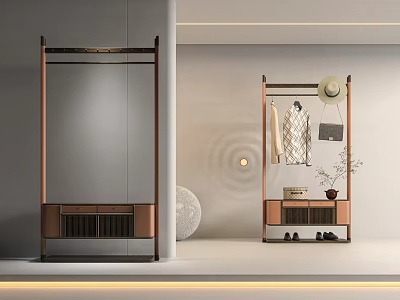Modern Clothes Rack Interior Design With Drawer Base Hanging Clothes Hat Shoes And Potted Plant 3d model
