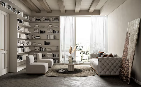 Quiet Study Room Multi-person Sofa Single Person Sofa Reading Sofa Tea Table Ornaments Plant Books Hanging Painting Carpet 3d model