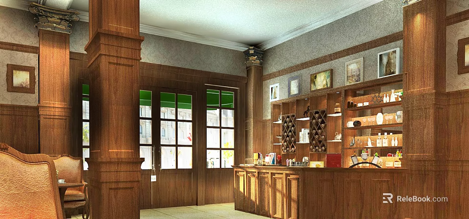 Warm Café Interior Featuring Wooden Pillars Counter Green Windows Wall Art And Decorative Wine Racks 3d model 