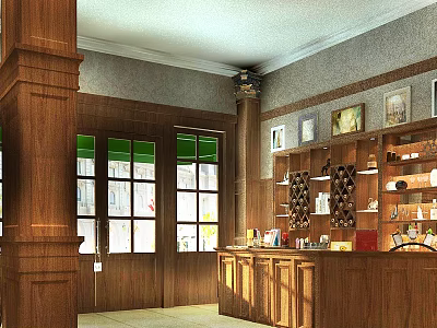 Warm Café Interior Featuring Wooden Pillars Counter Green Windows Wall Art And Decorative Wine Racks 3d model