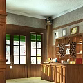 Warm Café Interior Featuring Wooden Pillars Counter Green Windows Wall Art And Decorative Wine Racks
