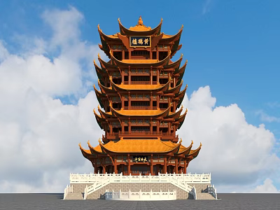 Traditional Chinese Ancient Architecture Multi Layered Pagoda With Yellow Roofs Overhanging Eaves White Base 3d model