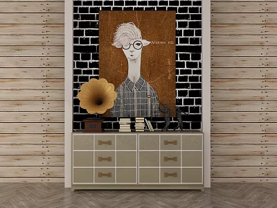Entryway Console Cabinet With Decorative Painting Vintage Gramophone Books And Decorative Items Against Brick Wall 3d model