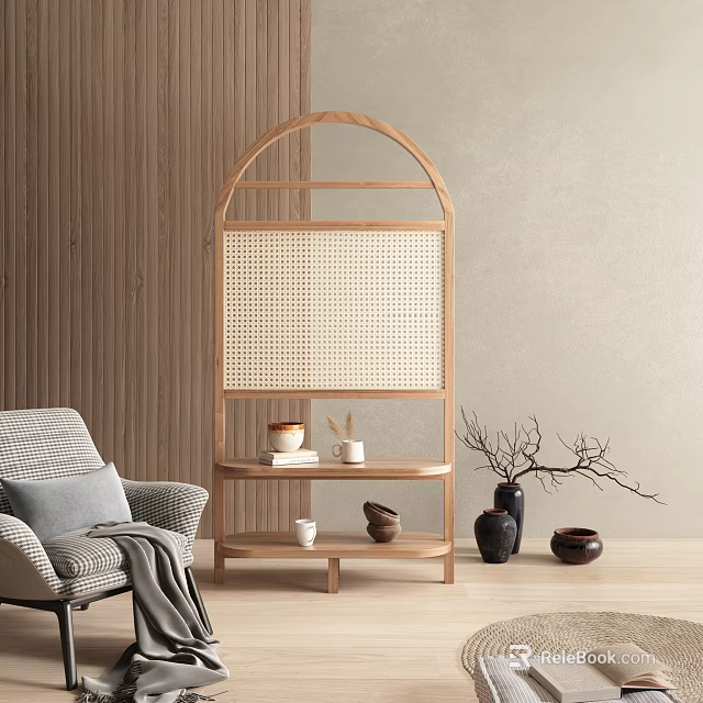 Arched Wooden Room Divider Featuring Woven Rattan Panel And Shelves In Living Area 3d model 