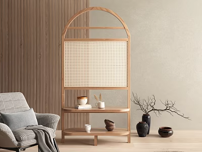 Arched Wooden Room Divider Featuring Woven Rattan Panel And Shelves In Living Area 3d model