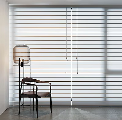 Stylish White Blinds Enhance Living Room Interior with Wooden Chair and Floor Lamp 3d model