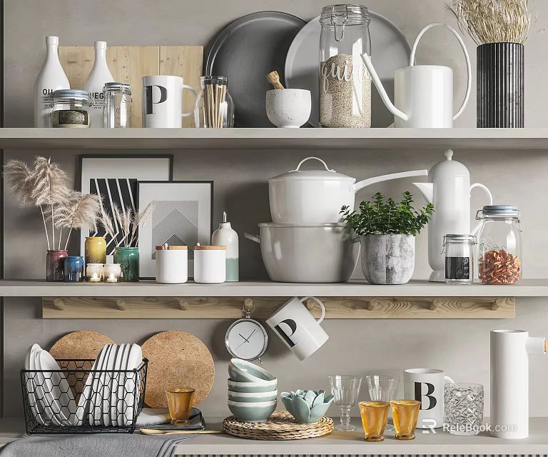 Modern Minimalist Kitchenware On Wooden Shelves With White Kettles Jars Mugs Bowls Plants And Prints 3d model 