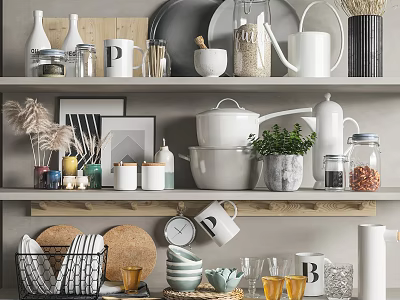 Modern Minimalist Kitchenware On Wooden Shelves With White Kettles Jars Mugs Bowls Plants And Prints 3d model