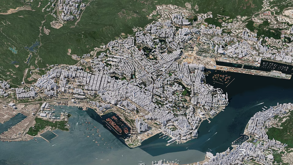 Detailed Aerial View Of Urban City With Dense Buildings Waterfront And Green Areas 3d model 