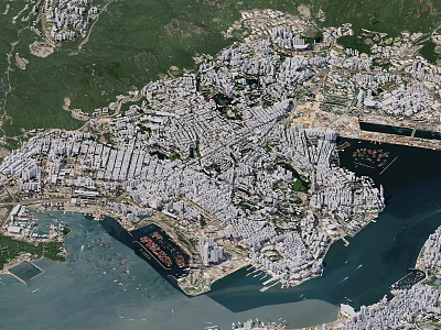 Detailed Aerial View Of Urban City With Dense Buildings Waterfront And Green Areas 3d model