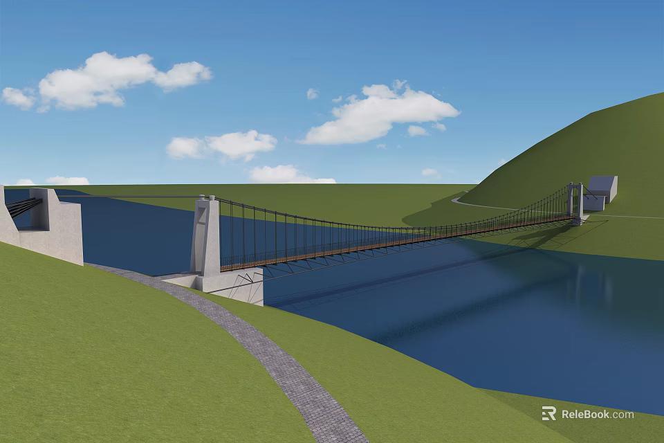 Suspension Bridge Connecting Green Hills Over Blue Water With Blue Sky And White Clouds 3d model 