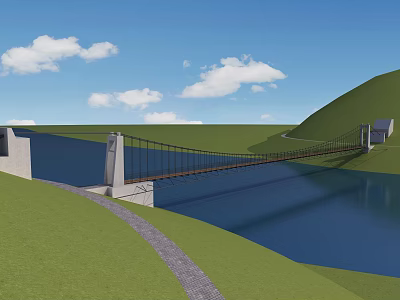 Suspension Bridge Connecting Green Hills Over Blue Water With Blue Sky And White Clouds 3d model