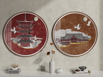 New Chinese Style Round Frame Painting Hanging Picture Combination 3d model