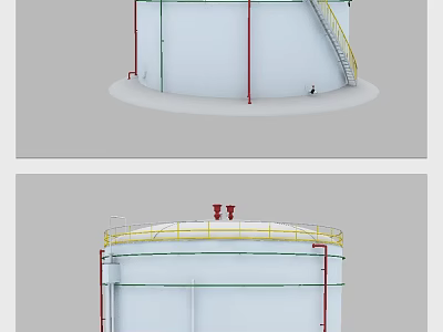 Industrial Storage Tank Equipment Cylindrical Structure With Staircase Safety Railing And Red Pipes 3d model