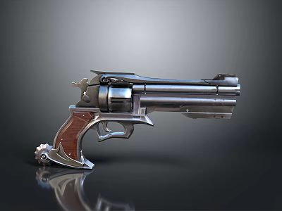 Silver Metal Revolver With Wooden Grip Shiny Surface And Detailed Design Features 3d model