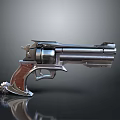 Silver Metal Revolver With Wooden Grip Shiny Surface And Detailed Design Features