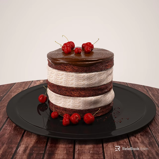 Layered Chocolate Cake With Cream Layers And Cherry Toppings On Black Plate Wooden Table 3d model 