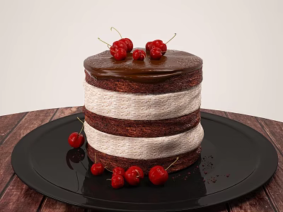 Layered Chocolate Cake With Cream Layers And Cherry Toppings On Black Plate Wooden Table 3d model