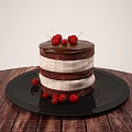 Layered Chocolate Cake With Cream Layers And Cherry Toppings On Black Plate Wooden Table
