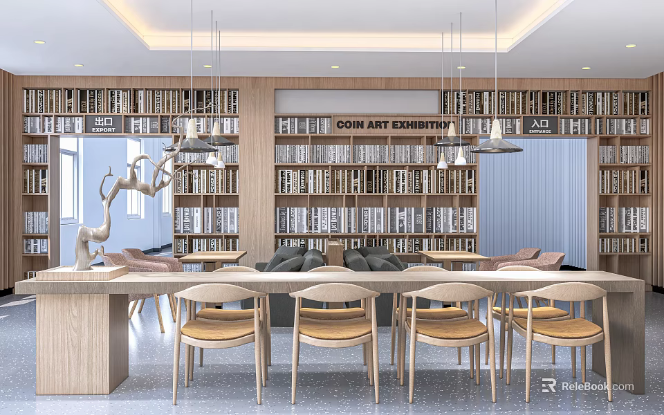 Book Art Gallery Interior With Wooden Bookshelves Long Tables And Pendant Lights 3d model 