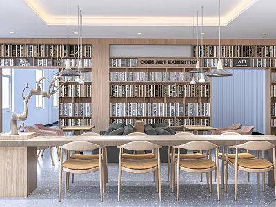 Book Art Gallery Interior With Wooden Bookshelves Long Tables And Pendant Lights 3d model