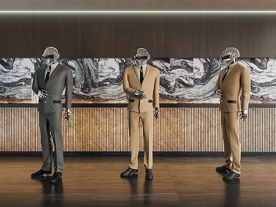Male Mannequins Dressed In Formal Suits Standing Against Wooden Wall With Artwork Decor 3d model