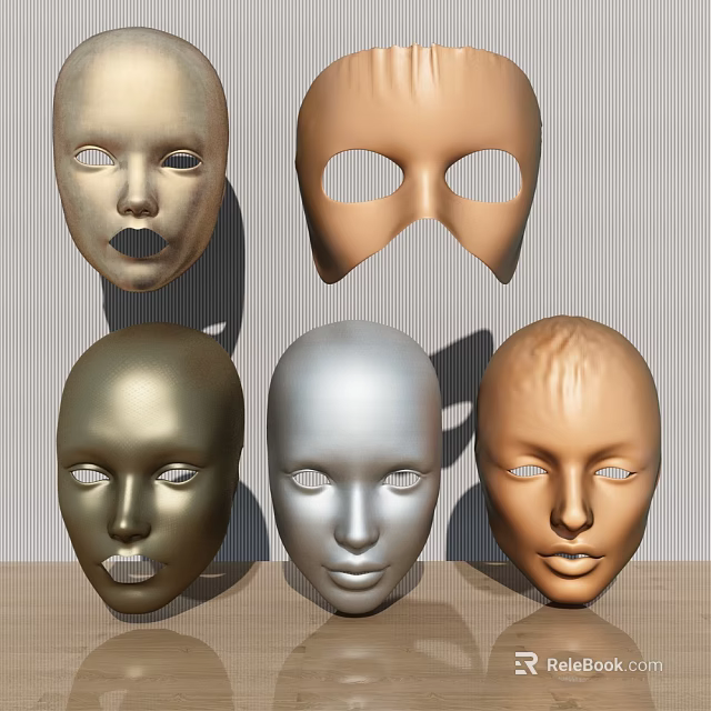 Five Different Colored Face Models Displayed on Wooden Surface with Gray Background 3d model 