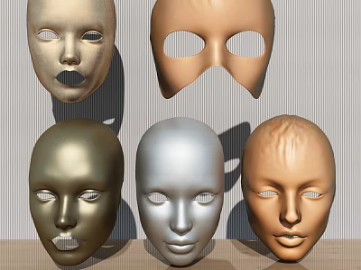 Five Different Colored Face Models Displayed on Wooden Surface with Gray Background 3d model