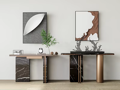 Modern Console Tables Featuring Black Marble Countertops Copper Legs and Decorative Green Plant Wall Art 3d model