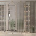 Modern Room Dividers With Golden Metal Frame Grid Pattern And Green Plants