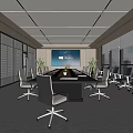 Modern Conference Room With Long Meeting Table Chairs Large Screen And Floor to Ceiling Windows