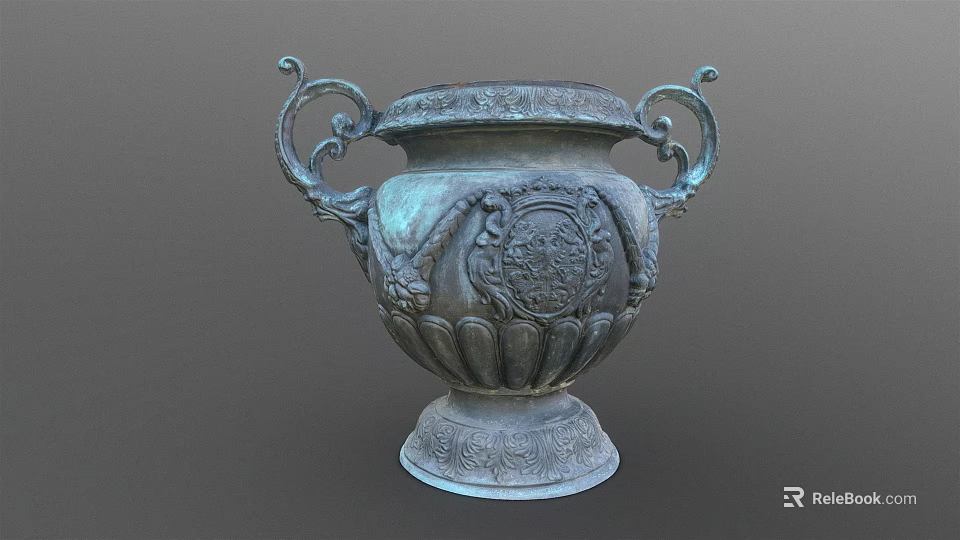 Ornate Bronze Garden Urn With Intricate Carvings Curved Handles And Decorative Base 3d model 