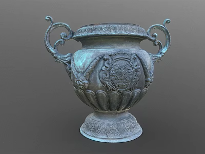 Ornate Bronze Garden Urn With Intricate Carvings Curved Handles And Decorative Base 3d model