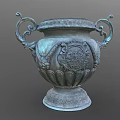 Ornate Bronze Garden Urn With Intricate Carvings Curved Handles And Decorative Base