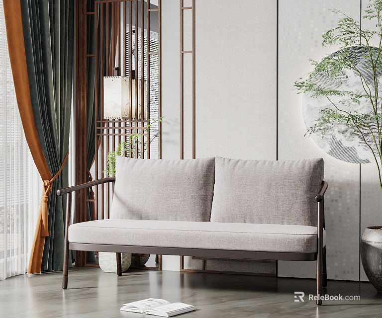 Modern Interior Light Gray Two Seater Sofa Wooden Armrests With Circular Wall Decoration And Plant 3d model 
