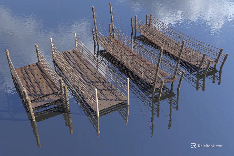 Multiple Wooden Landscape Bridges Over Calm Water With Rope Railings And Reflections 3d model 