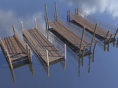 Multiple Wooden Landscape Bridges Over Calm Water With Rope Railings And Reflections 3d model